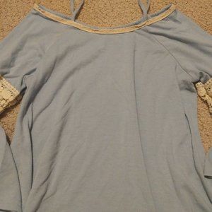 Girls Off Shoulder Long Sleeve Top Lace Accent XL Pretty Blue!